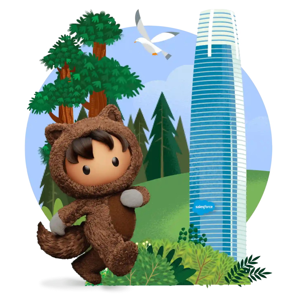 Astro, a Salesforce mascot strolls in front of the Salesforce tower in San Francisco.