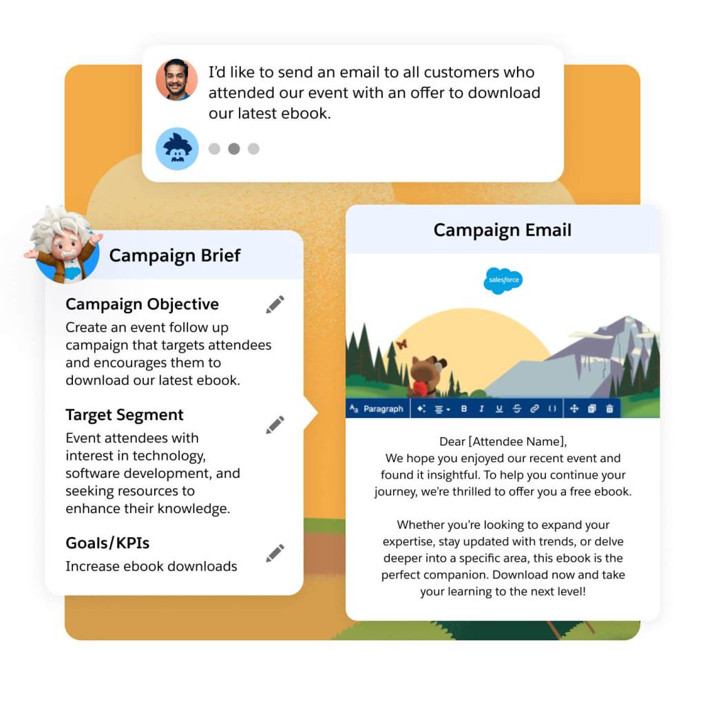 A prompt for Einstein to create a campaign brief and campaign email targeting customers who attended an event with an offer to download an ebook.
