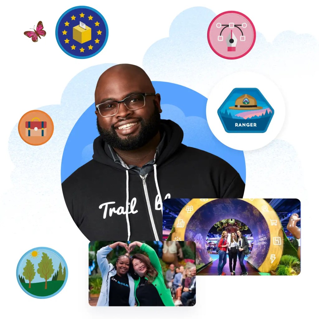 Man in a Trailblazer hoodie, smiling surounded by small image icons.	