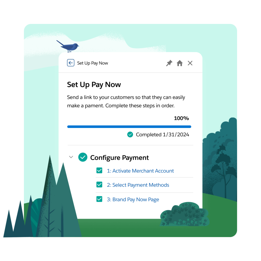 A UI showing how to set up a Pay Now link to send to customers, and the ability to configure the payment.