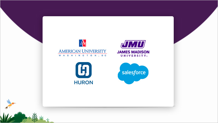 Logos for American University, James Madison University, Huron, and Salesforce	