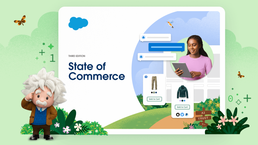 Illustrated cover of the State of Commerce report, contains a person with brown hair holding a tablet device.