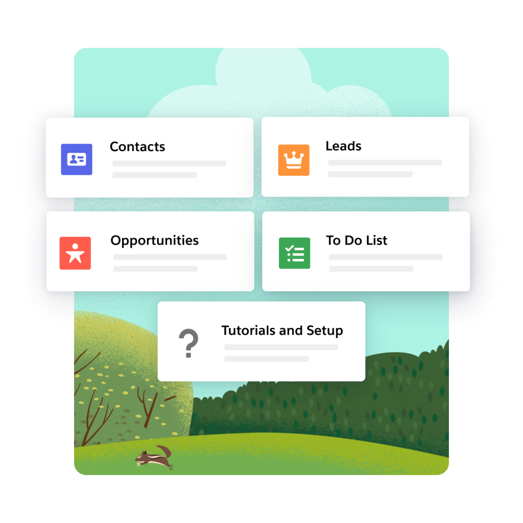A screen shows options to view contacts, leads, opportunities, a to-do-list, and tutorials and setup.