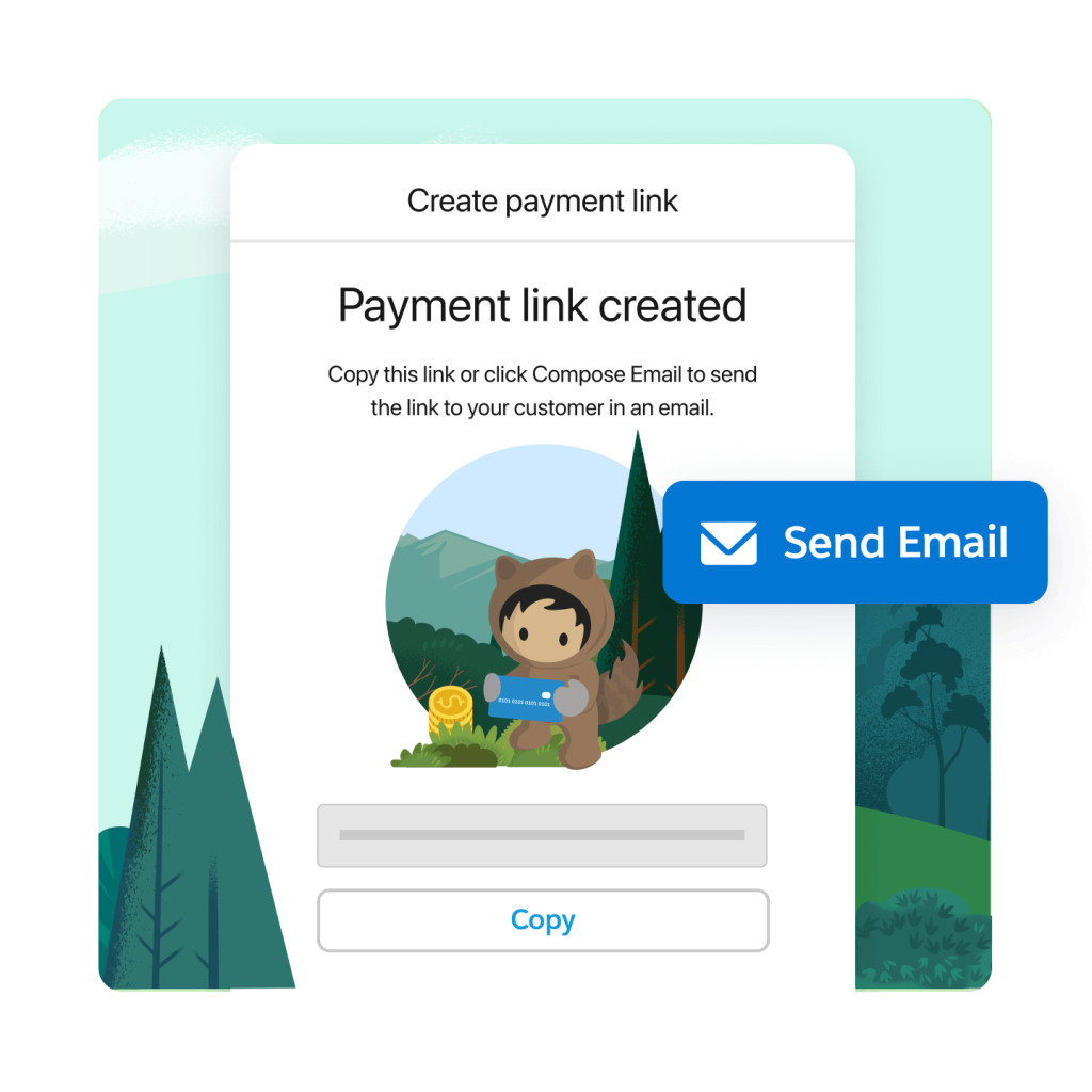 A page that says: Payment link created. Copy this link or click Compose Email to send the link to your customer in an email. Also, Astro holds a credit card and there's a large "Send Email" button on the right.