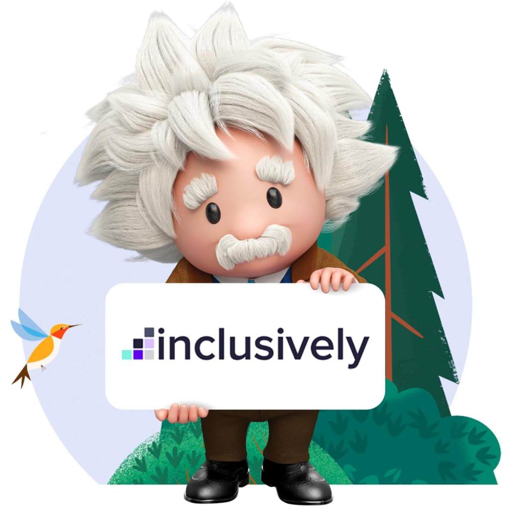 Einstein holding sign with Inclusively logo.