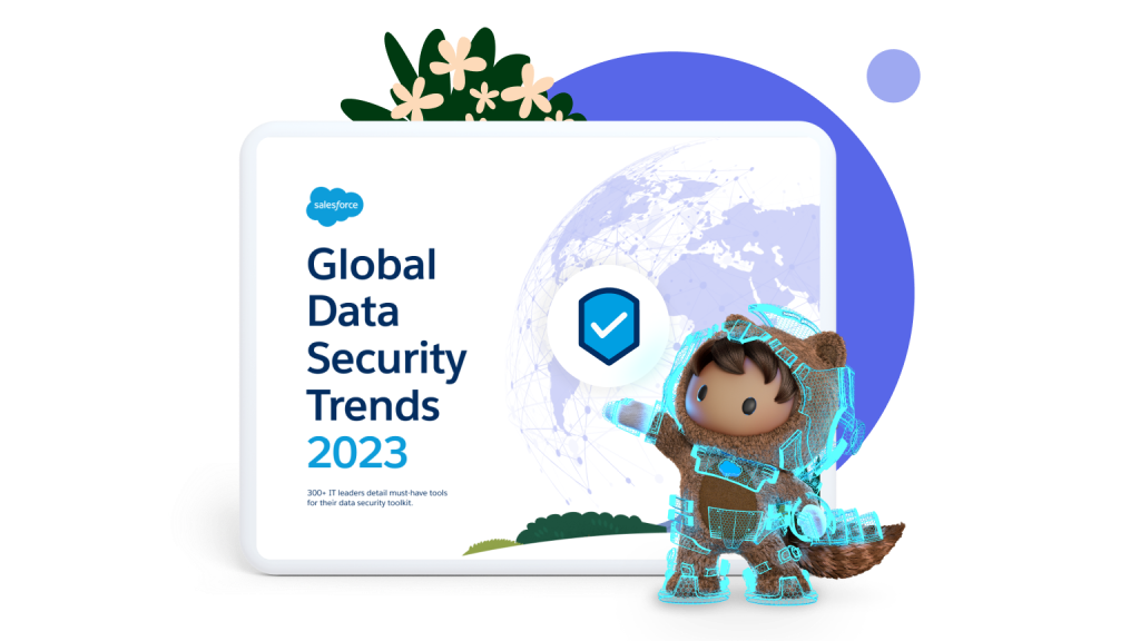 The Global Data Security Trends 2023 page with Astro wearing blue armor and pointing at the security logo. 