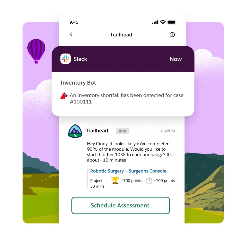 Phone UI with a slack notification from an inventory bot.