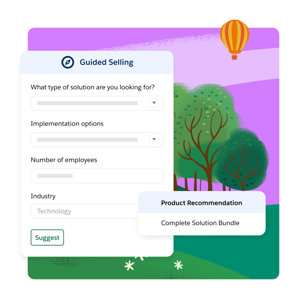 A UI with Guided Selling with boxes about 'What type of solution are you looking for?' 'Implementation options' 'Number of employees' 'Industry', and 'Product Recommendation: Complete Solution Bundle'