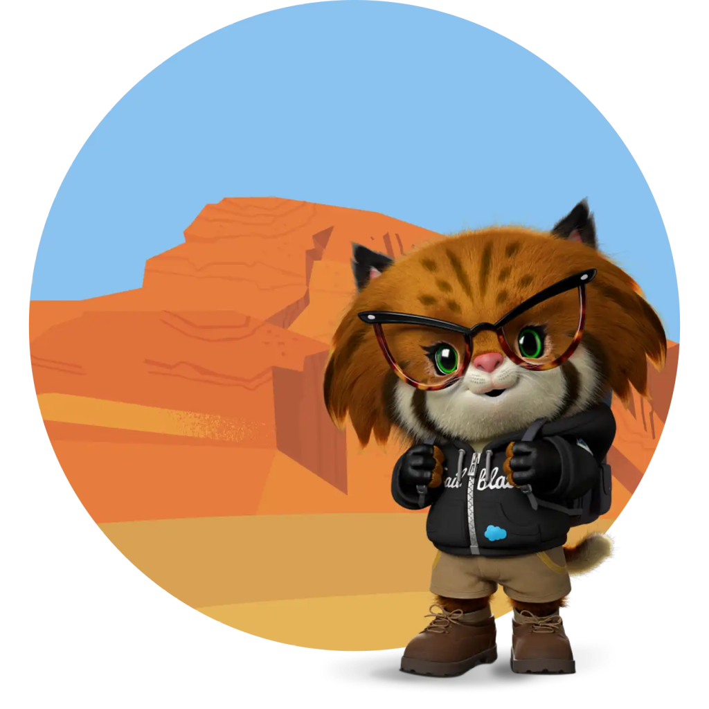A character standing in front of a canyon wearing a backpack.	