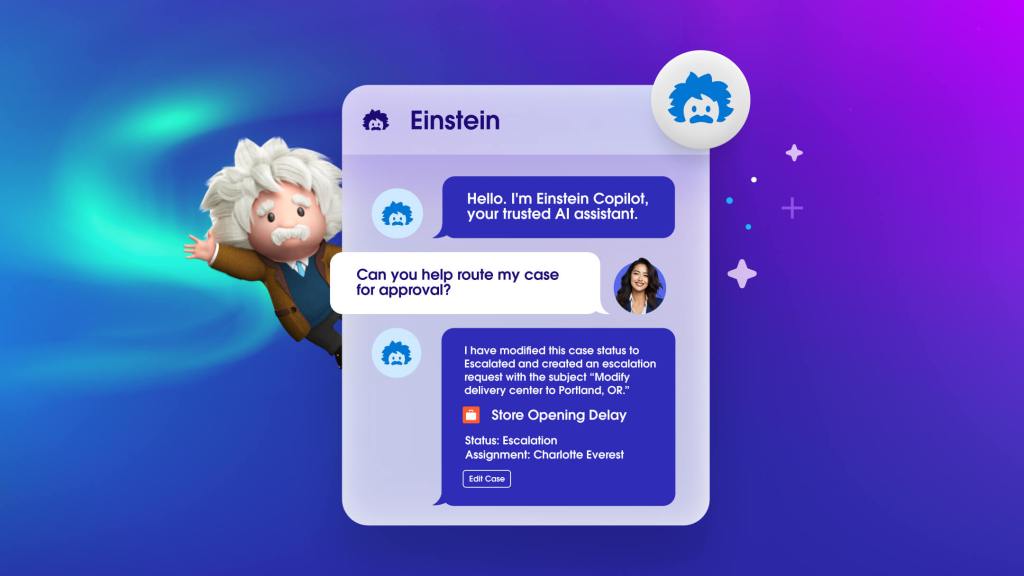 A chat interface where Einstein Copilot assists a user by automatically modifying the status of an urgent case.