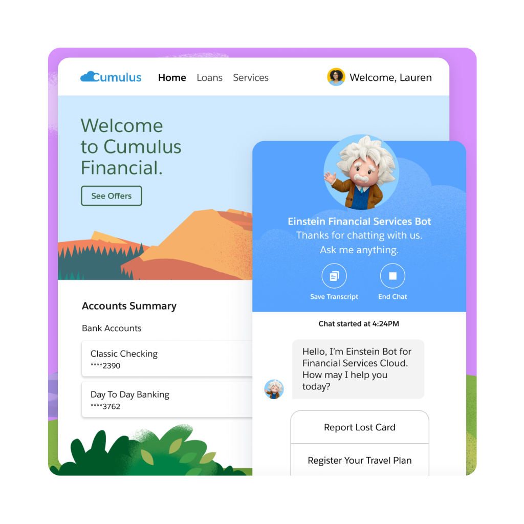 A service portal with an Einstein Financial Services Bot that initiates a chat with a customer.