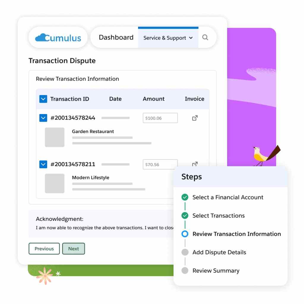 A transaction dispute dashboard shows pre-built steps that make it easy to resolve customer issues.