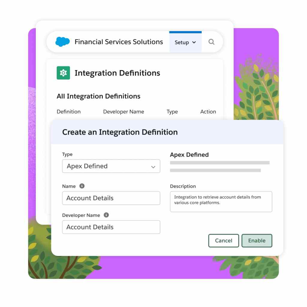 Easily create an integration definition that pulls specified account details into Salesforce.