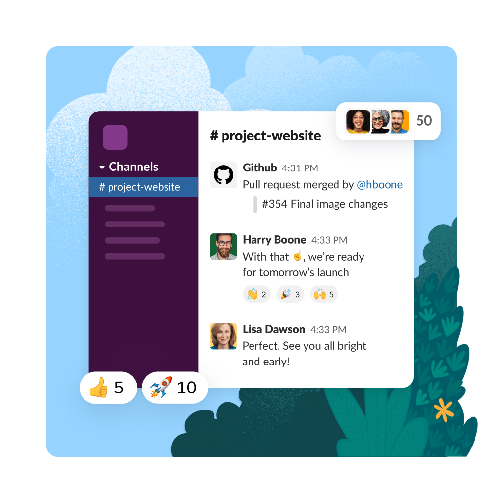 Nuvolette della chat che dimostrano gli aggiornamenti sullo stato, il riconoscimento del team e la revisione delle presentazioni