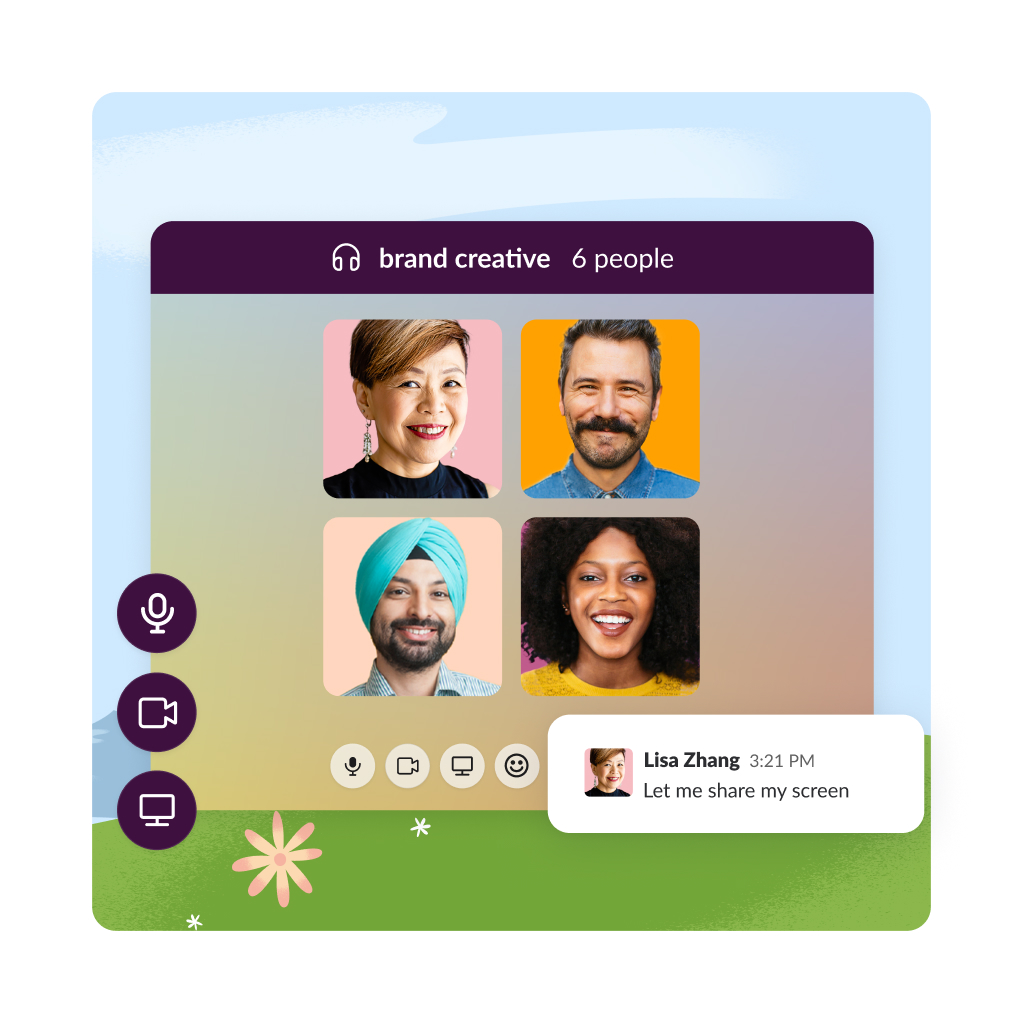 Huddles-interface met vier personen en een chatvenster waarin 'mijn scherm delen' staat