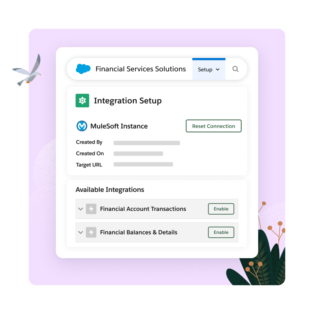 An integration setup window shows available integrations including financial account transactions, balances, and details.