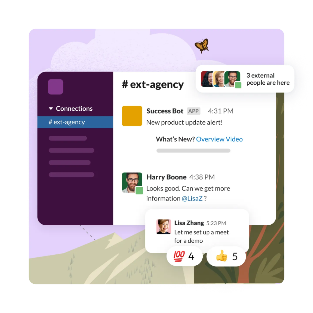 Slack-interface die een gesprek met een extern bureau laat zien