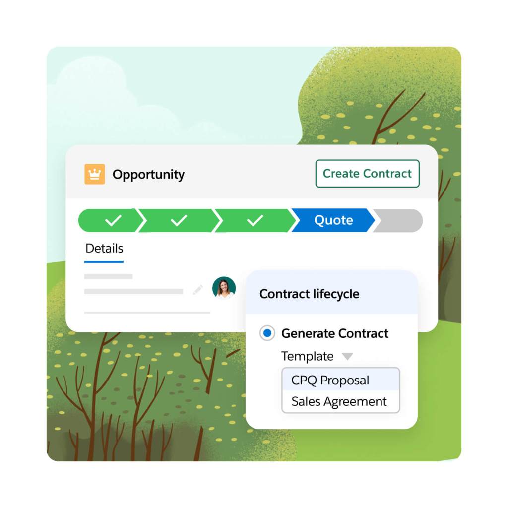 A timeline gives the stage of a deal with details and contract lifecycle pop out with the option to generate a contract. 