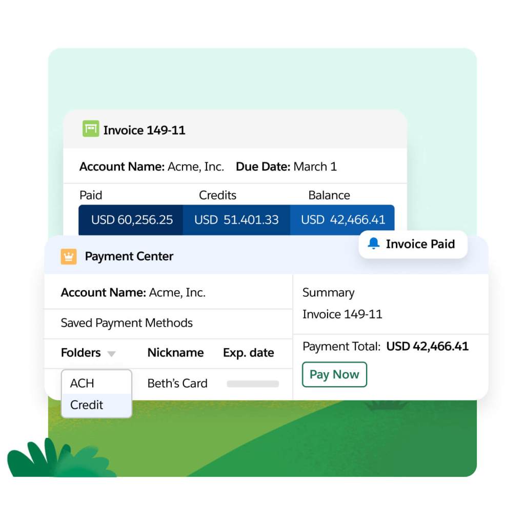 A window shows an invoice with paid, credits, and balance info and payment center window with an option to pay now. 