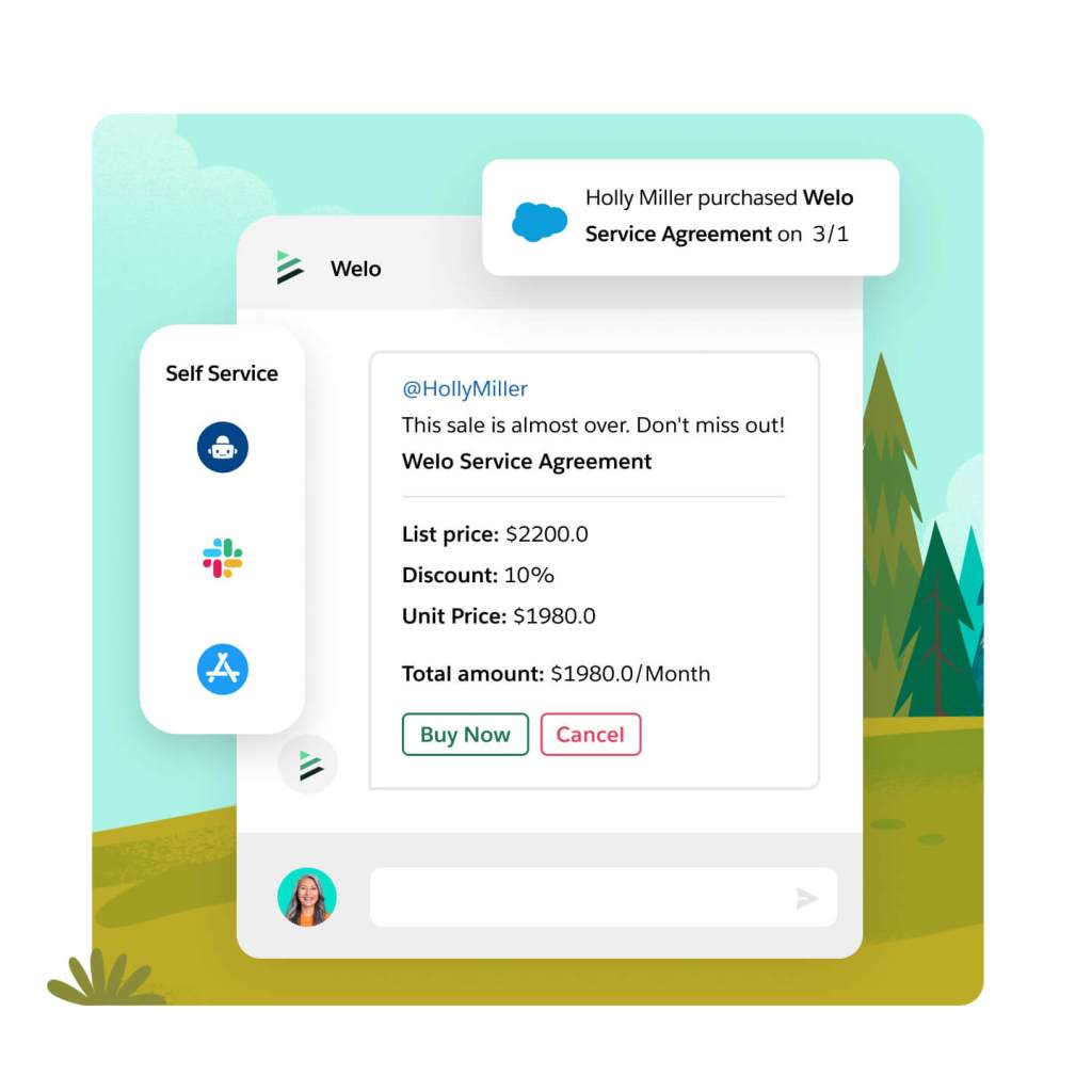 Janela com opções de chat como um bot, o Slack ou outro aplicativo. Mensagem com informações sobre uma venda e a opção de concluir a compra imediatamente. 
