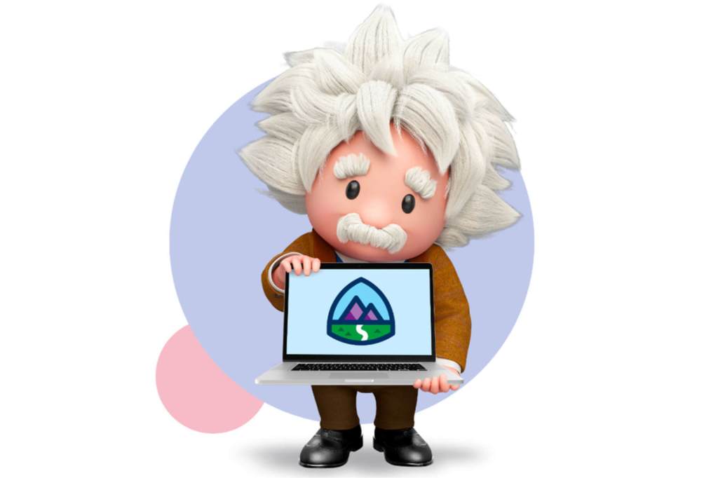 Einstein character holding laptop with Trailhead logo.