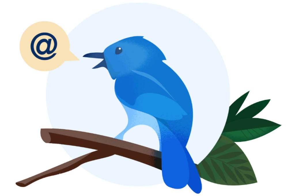 Blue bird with speech bubble and @ sign.