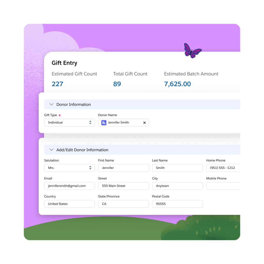 A Gift Entry portal with donor information, total gift count, and an option to add/edit donor information.