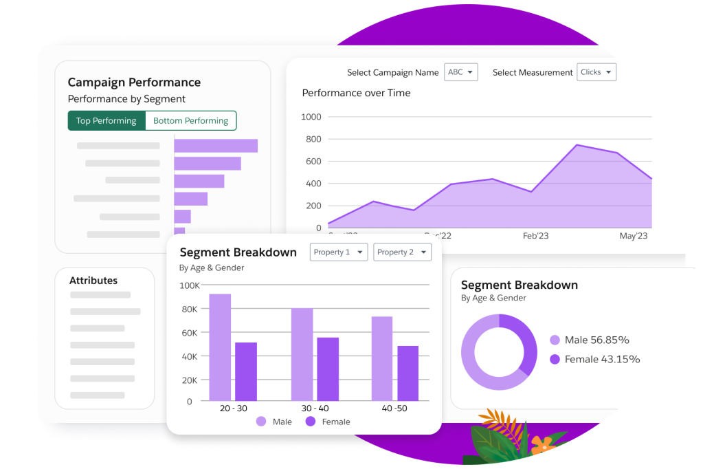 A dashboard for Campaign Performance with statistical data on Performance Over Time and Segment Breakdown.