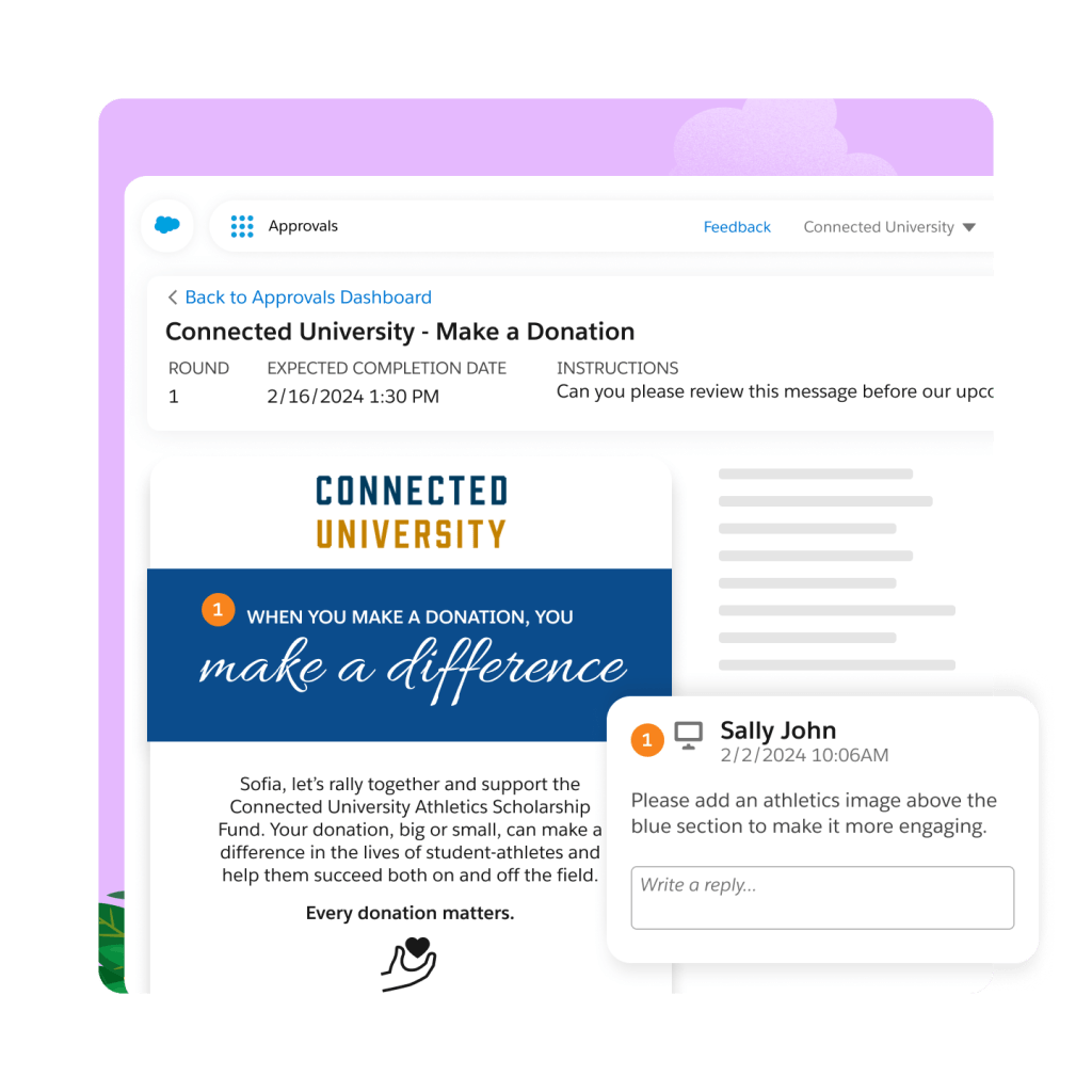 A collaborative email template for the Connected University donation portal with comments highlighted.