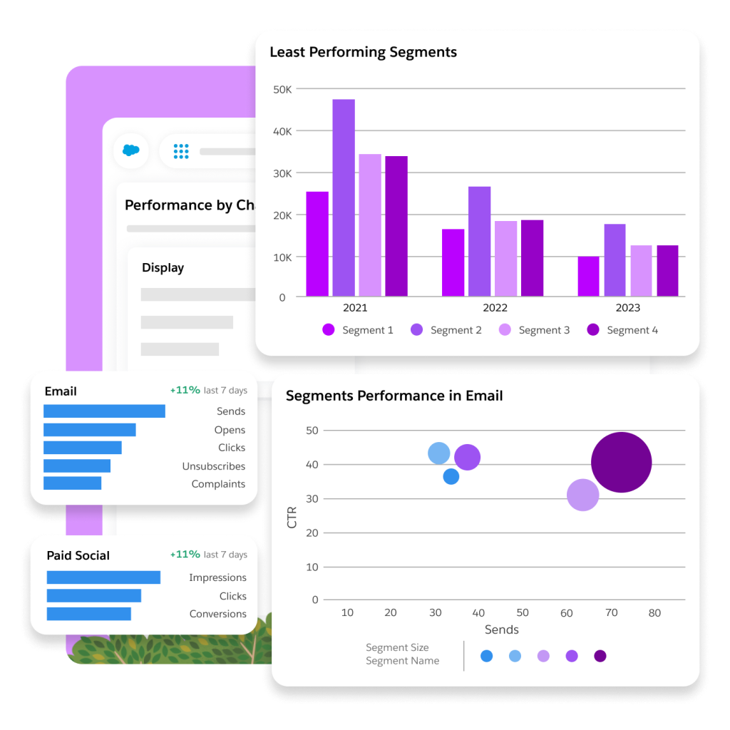 Dashboards of Email, Display, Search, and Paid Social metrics, and graphs of least performing segments.