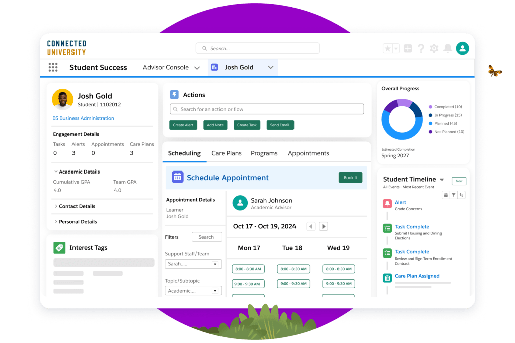 An advisor console with one place to schedule appointments and view key student engagement details.