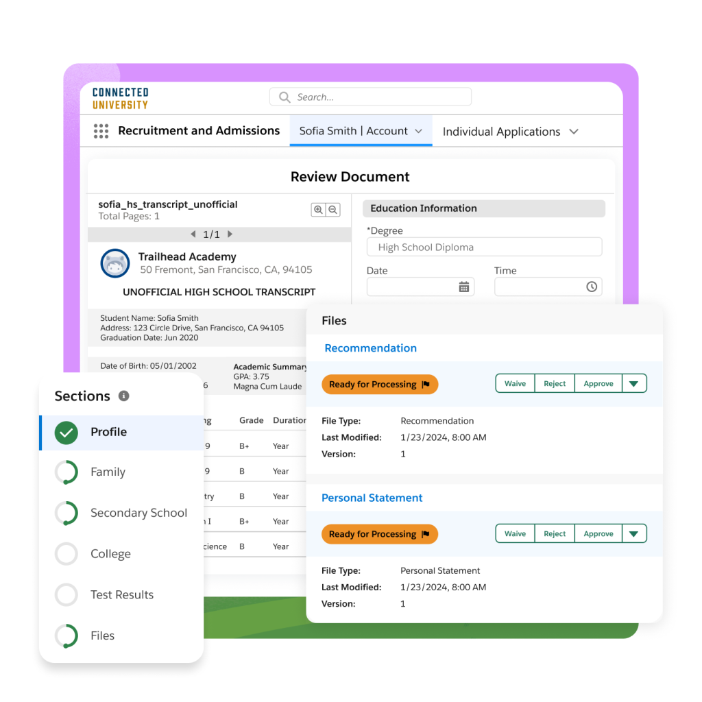 A single-application review console to track applicant progress and review transcripts, statements, and more.