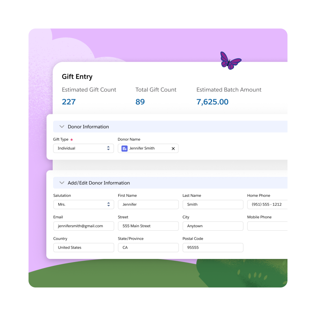 A portal with gift entry data such as total gift count and individual donor details, and an option to add/edit donors.