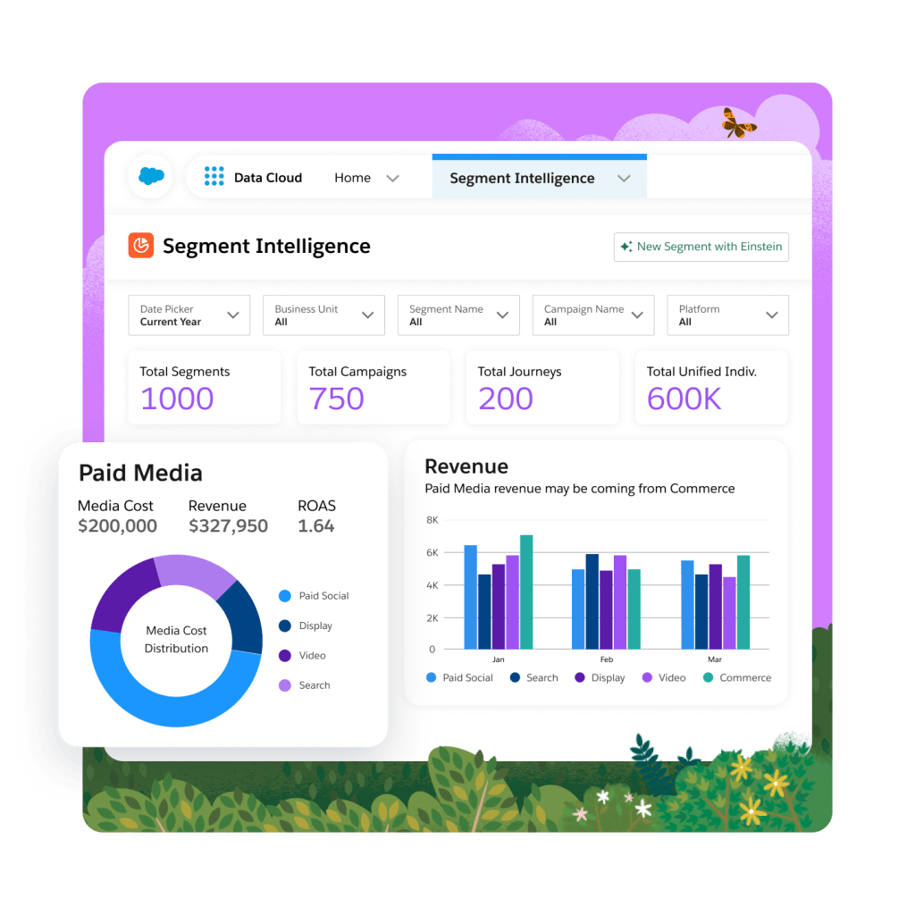 A Data Cloud dashboard with multiple menu tabs and Segment Intelligence for Email and Paid Social performance metrics.