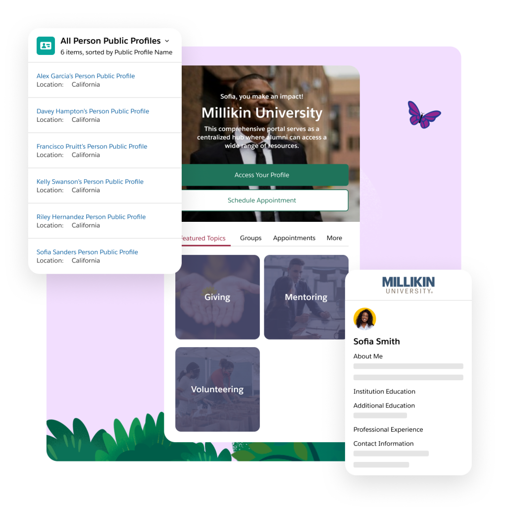 A branded profile with portals for giving, mentoring, and volunteering, links to public profiles, and student details.