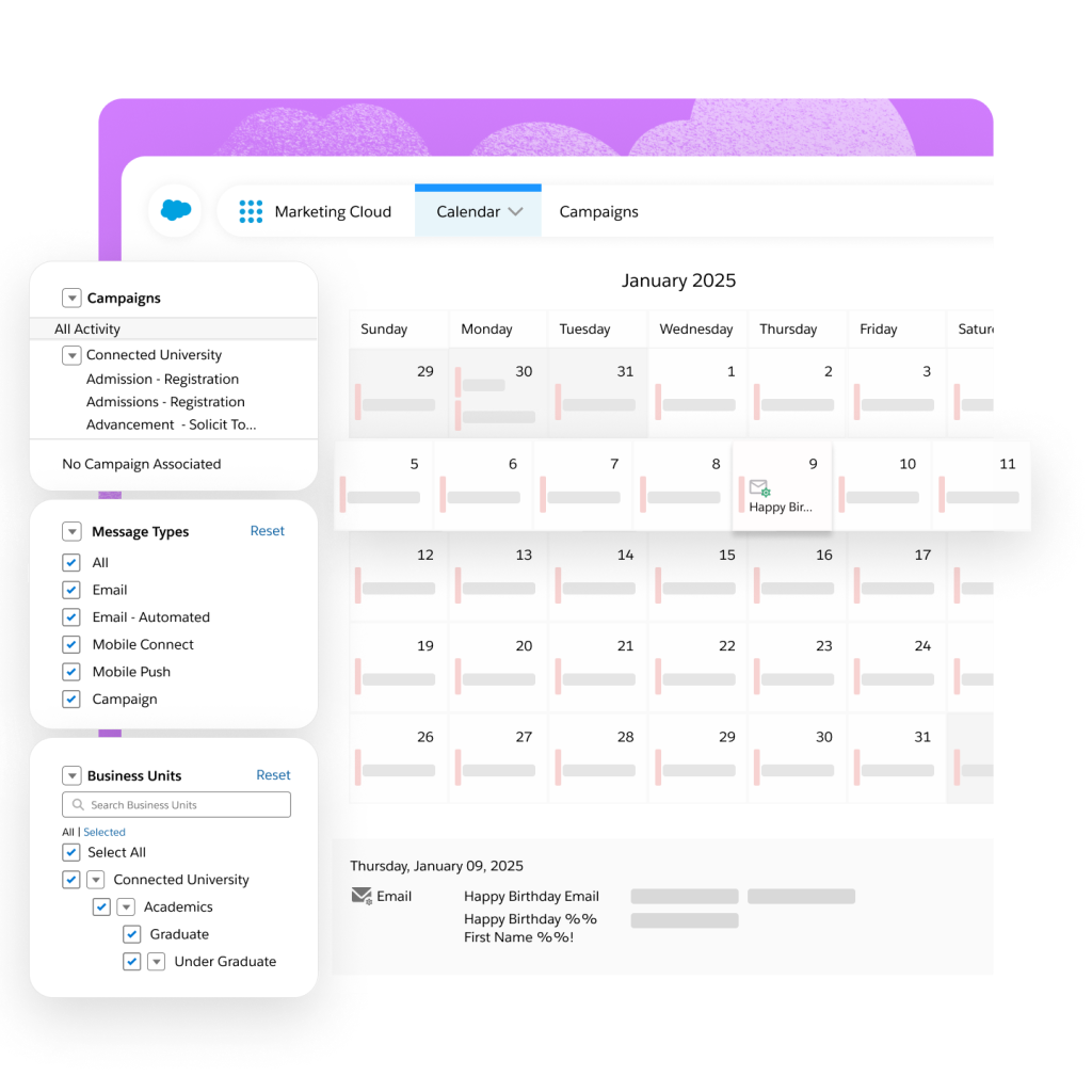 A dashboard with with one week of the calendar displayed, campaigns tabs, message types, and business unit highlights.
