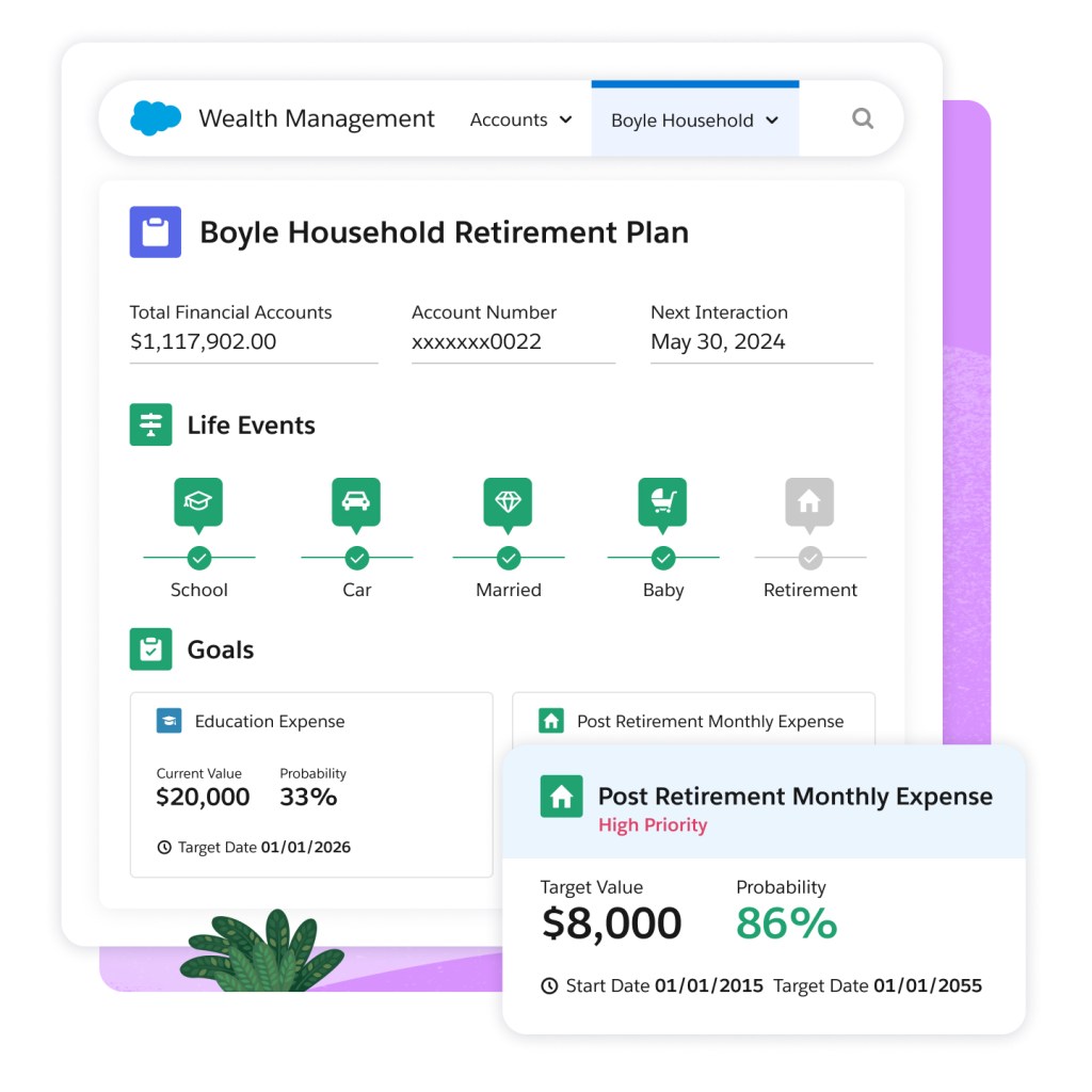 A household's wealth management portal shows goals, life events, and post-retirement monthly expenses.
