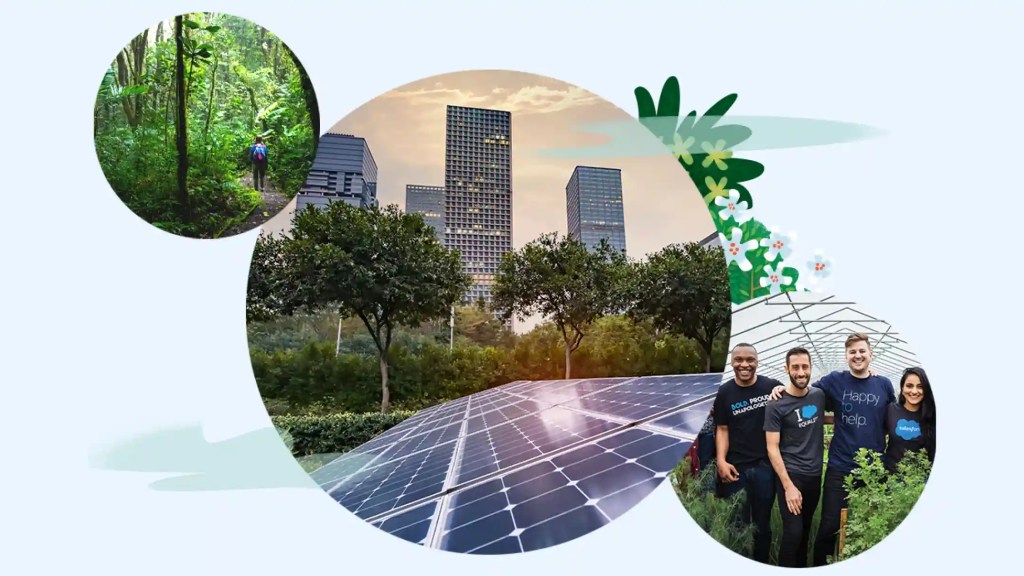 A collection of three images, trees, solar panels, a group of smiling people.