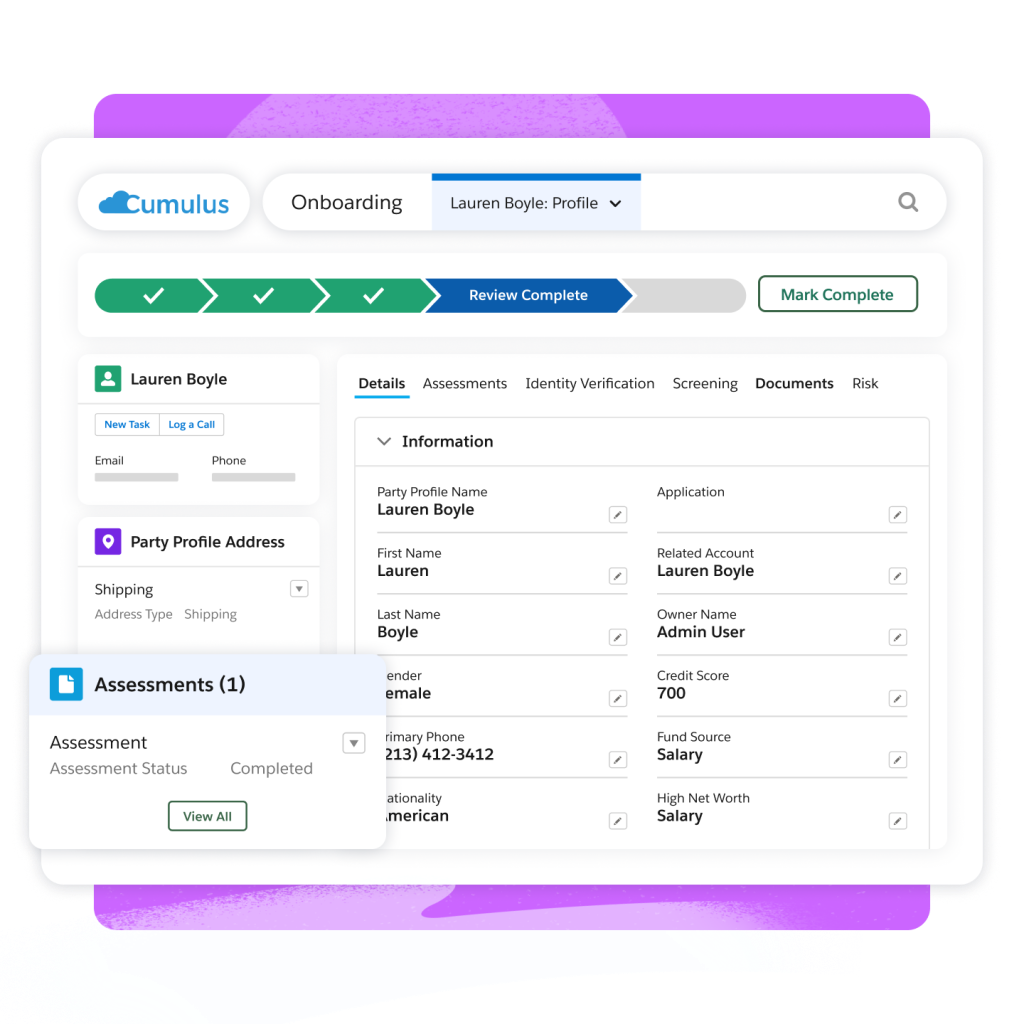 An onboarding console shows a timeline, assessments, and important member profile details.
