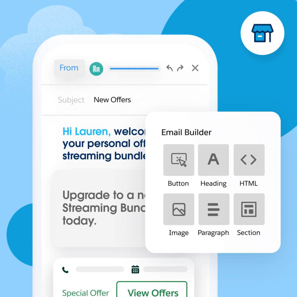 A screen showing simple, clickable buttoms in an email builder app, with a sample email on a customer's mobile phone.