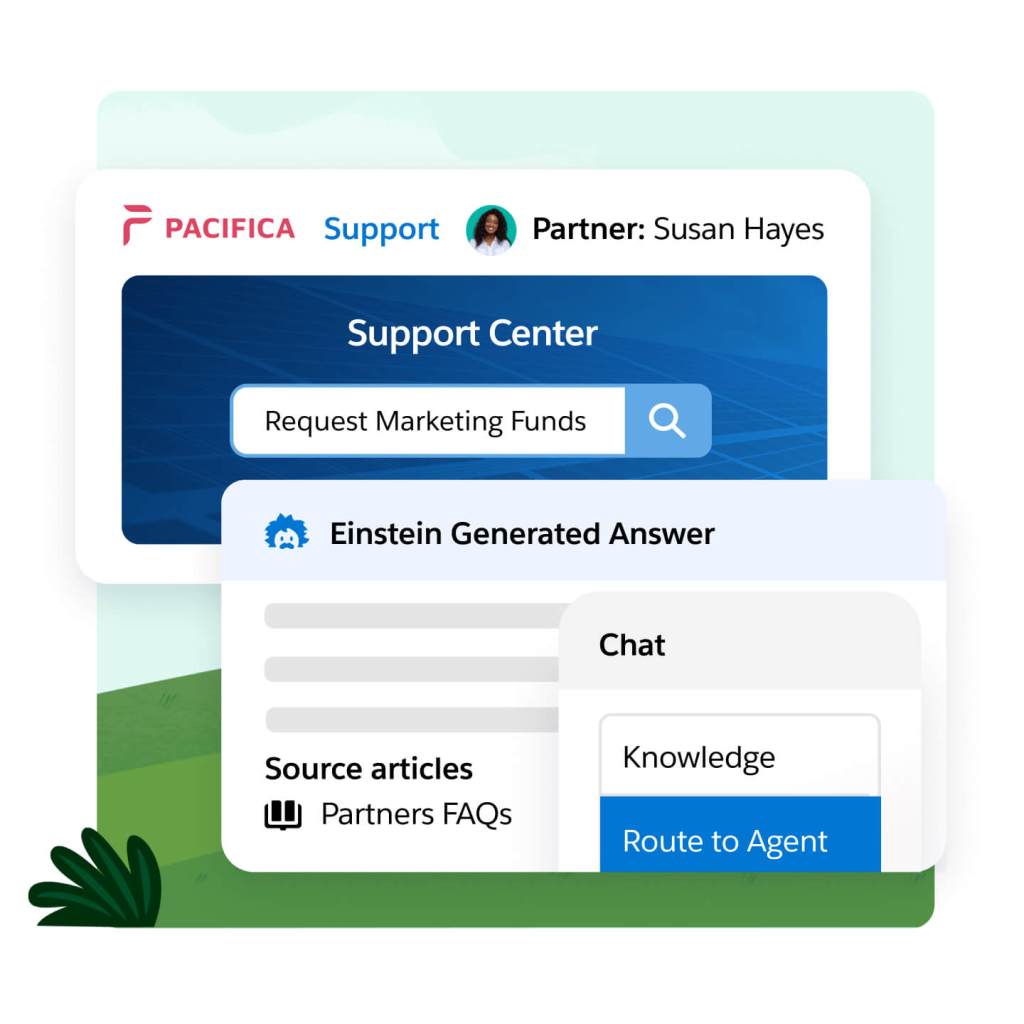 A partner support window has a search for "Request Marketing Funds," a pop out with Einstein answers, and a chat window.