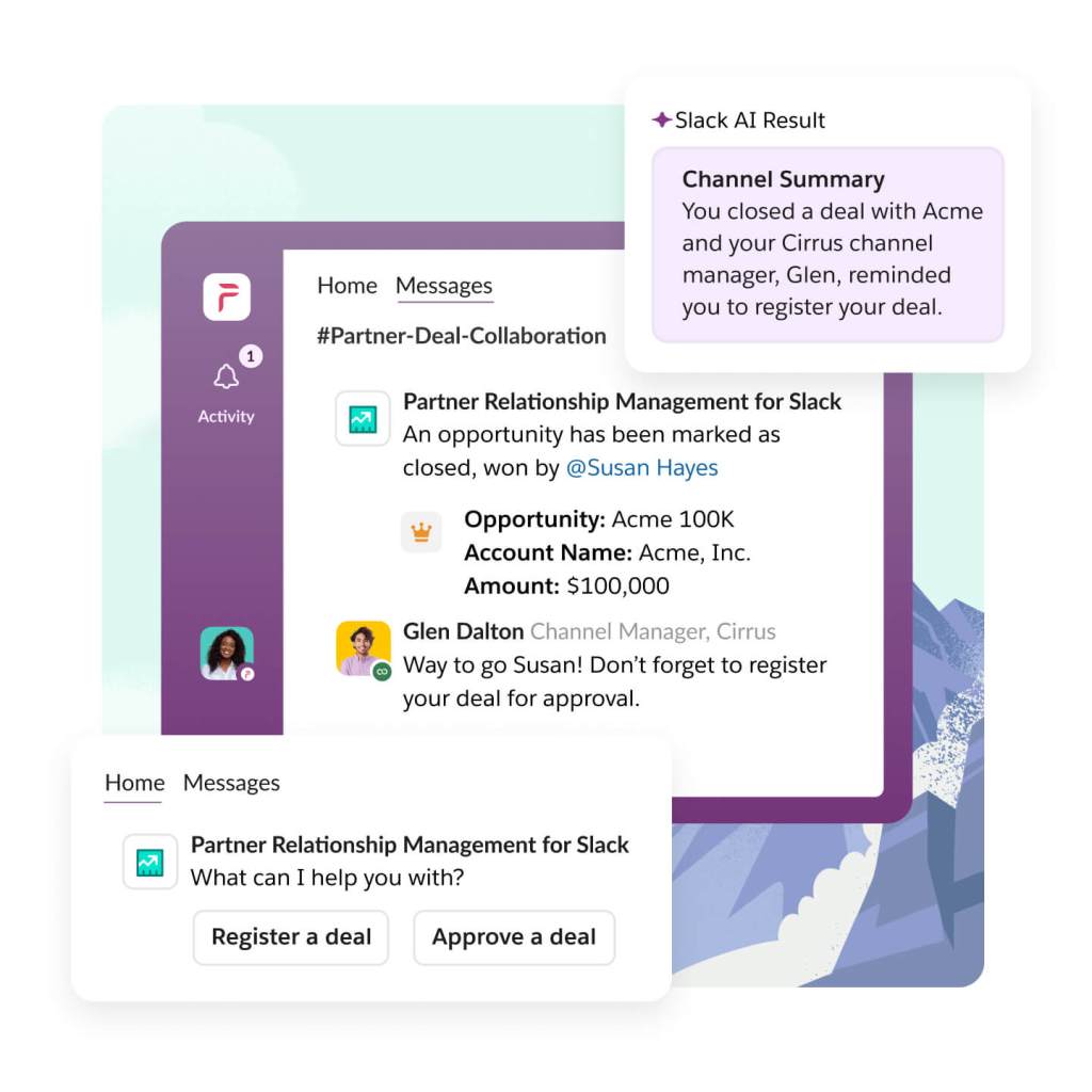 A Slack screen with a partner channel and deal update with pop outs for next steps and channel summary. 