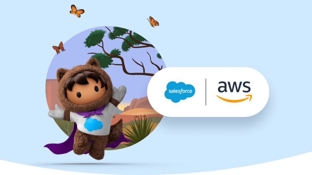Astro with a purple cape. Next to it is a capsule with Salesforce and AWS logo.