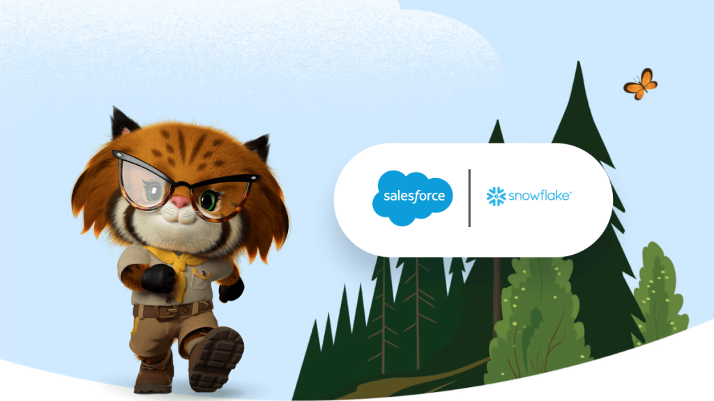 Appie walking and a capsule that has Salesforce and Snowflake logo.