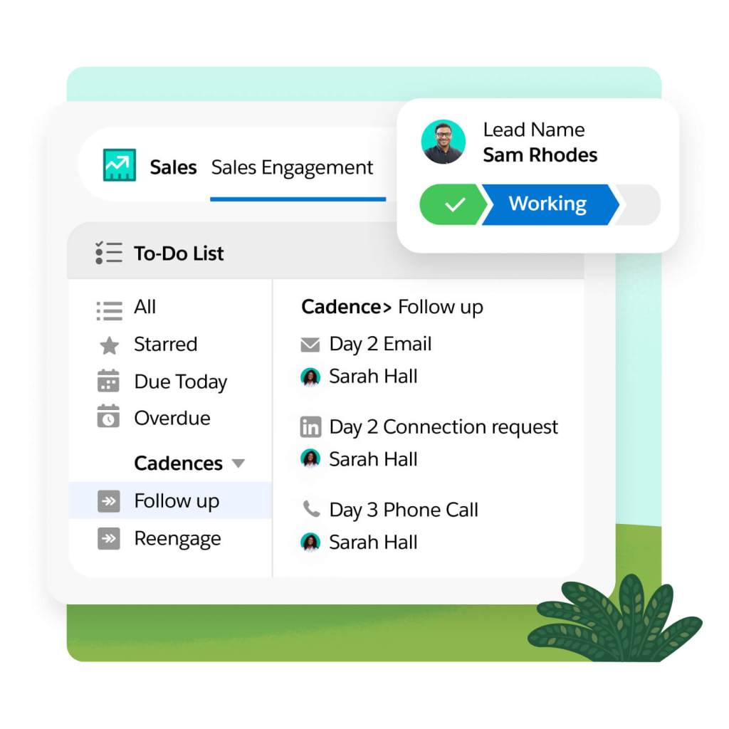 A Sales Engagement window is shown with a to-do list for a lead that includes email, connection request, and phone call. 