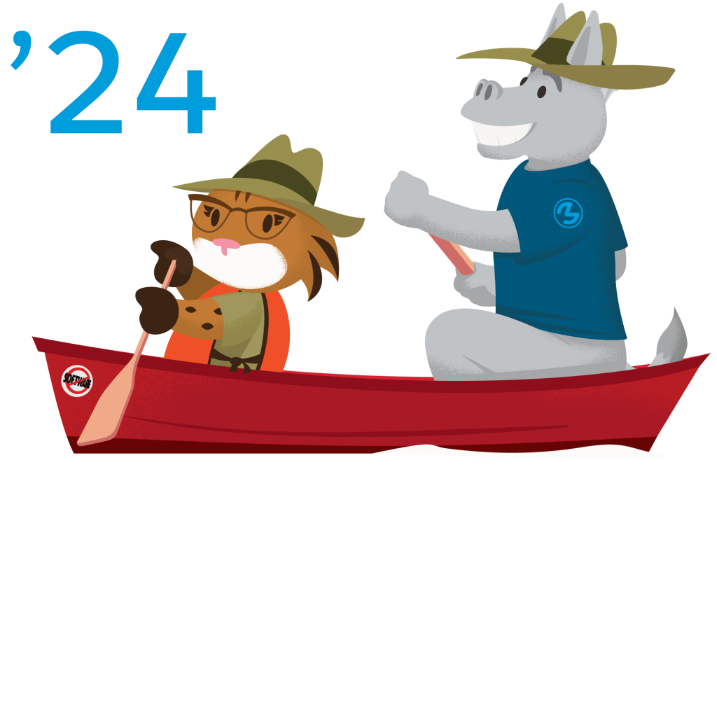 Salesforce mascots Appy and Max in a canoe.