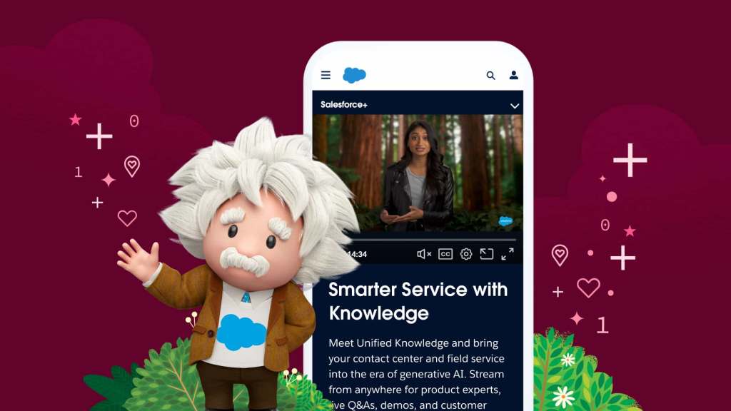 Salesforce mascot Einstein waving in front of a mobile phone that is displaying an event presenter.