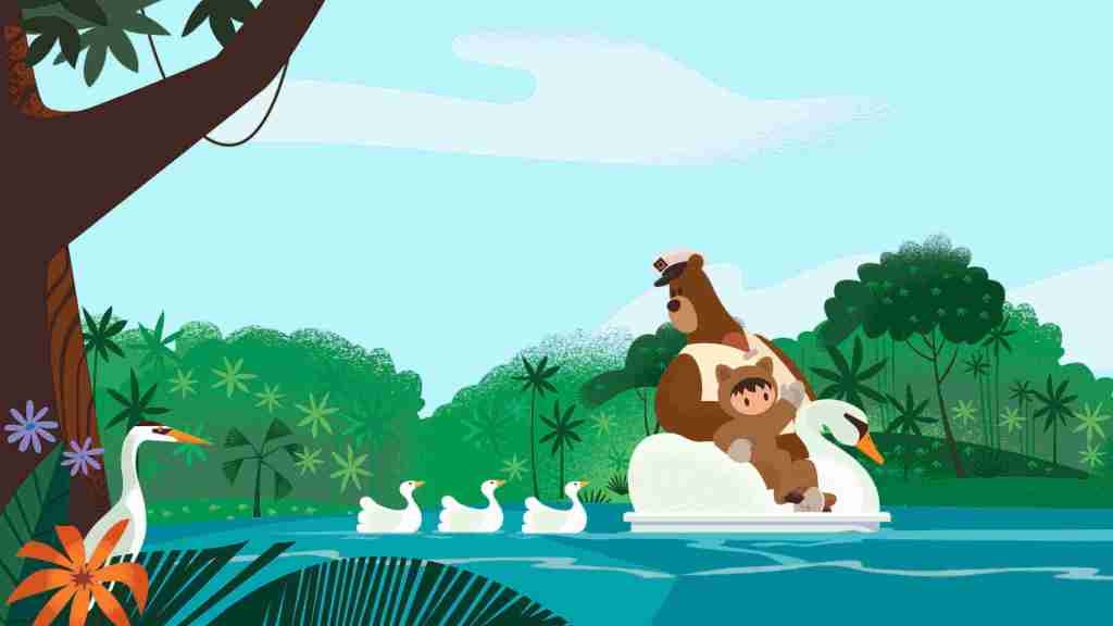 Salesforce mascots Codey and Astro on a swan pedal boat.