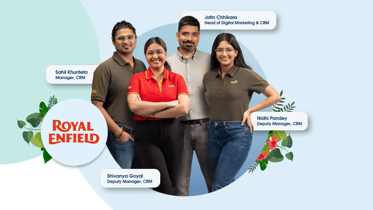 A graphic that displays the Royal
                          Enfield Marketing and CRM team, Jatin, Nidhi, Sahil, and Shivanya.