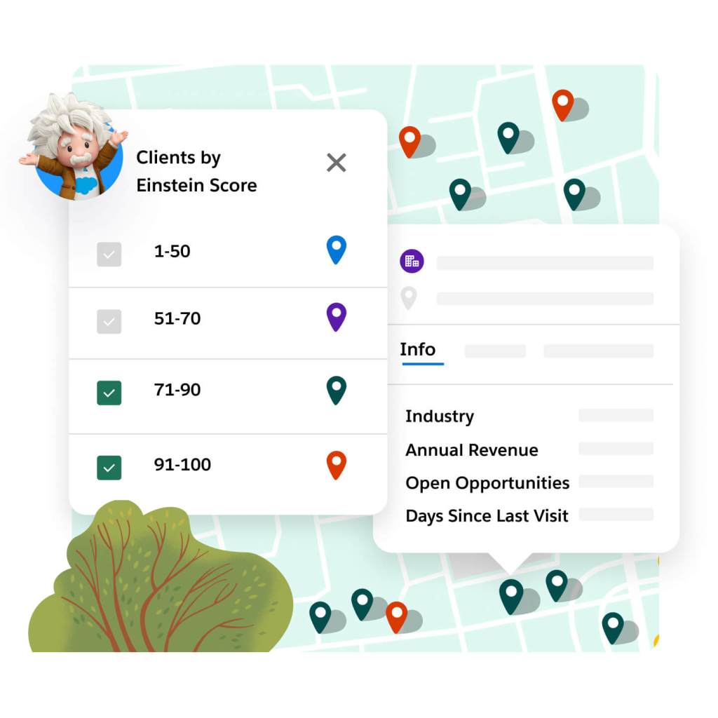 Una ventana emergente en un mapa codifica por colores a los clientes según su puntuación. Al hacer clic en clientes individuales, el usuario ve información más detallada.